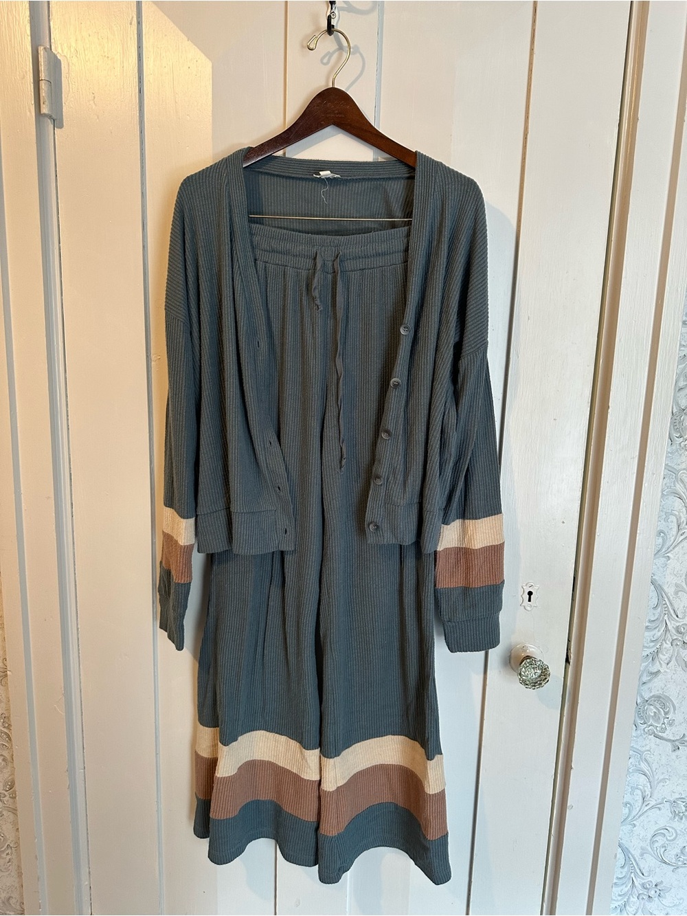 Hem & Thread Slate Blue Ribbed Cardigan & Pants Set with Cream and Brown Stripes